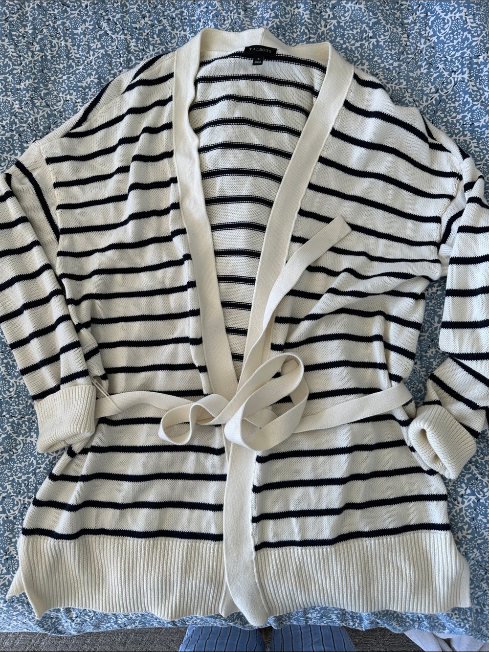 Talbots Cream and Black Striped Belted Cardigan
